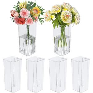 6-Pack Clear Acrylic Flower Vase for Centerpieces, Tall Square Decorative Plastic Flower Vase