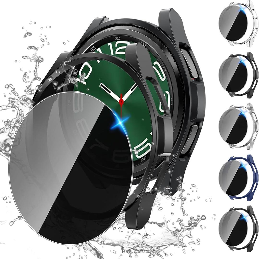 Tensea [5+5Pack for Samsung Galaxy Watch 6 Classic Screen Protector Case 47mm, Hard PC Bumper/HD Anti-Fog Tempered Glass Protective Film, Face Cover Set, Galaxy Watch 6 Classic Case for Women Men (Clear/Black/Black/Silver/Blue(black screen))