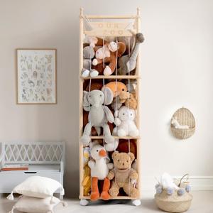 Mloong Stuffed Animal Storage, Wood Stuffed Animal Zoo Storage,Space Save Toy Organizer, Extra Large Capacity Plush Toy Cage,Stuffed Animal Holder,Gift for Nursery Playroom Kidroom Bedroom-54 inch (log color)