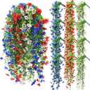 6 Pcs Spring Artificial Hanging Flowers Outdoor Faux Silk Mum Plant Decor Violet with Eucalyptus Realistic UV Resistant Trailing Vine Spring Porch Yard(Red Blue White,Violet)