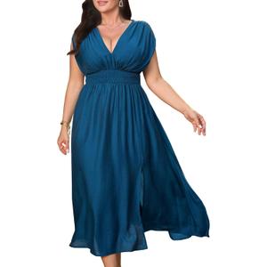 Womens Plus Size Dresses Short Sleeve V Neck Casual Dress Elastic Waist Flowy A Line Long Maxi Dresses 3XL Blue (Blue, XXXL)