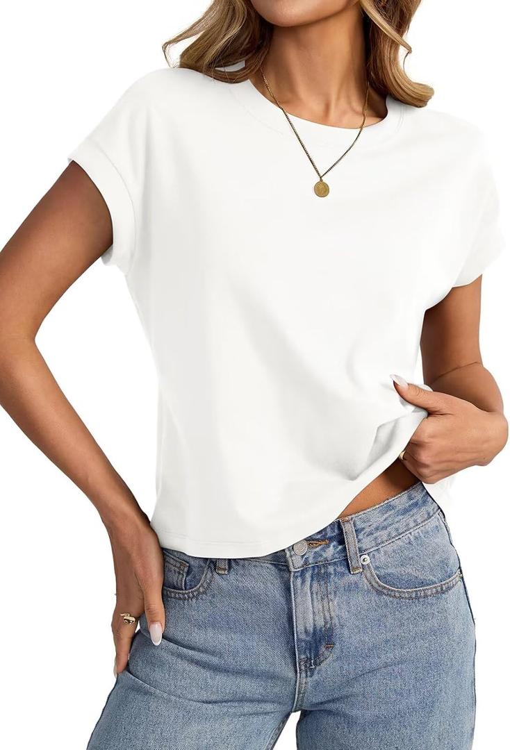Womens Cap Sleeve Crop Tops Cotton T Shirts Crewneck Loose Fit Short Sleeves Tee Summer Fashion Clothes 2025 (Large)