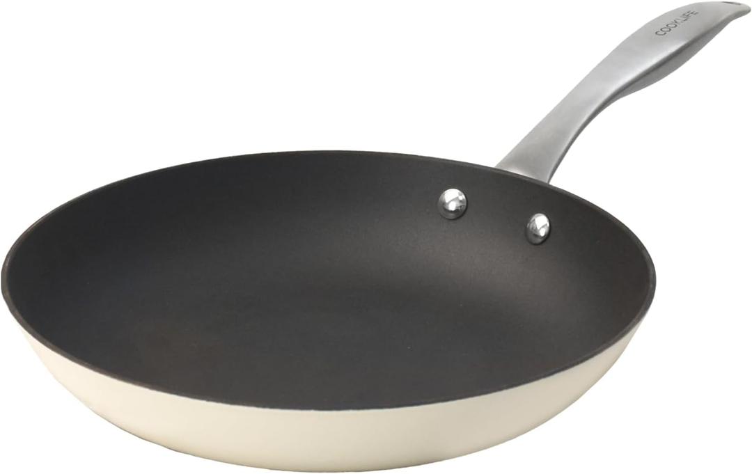 COOKLIFE 10.25 Inch Lightweight Enameled Cast Iron Frying Pan - Toxin-Free - Oven Safe up to 500 F or on Stovetop - Cast Iron Skillet for Cook, Bake - Antique White