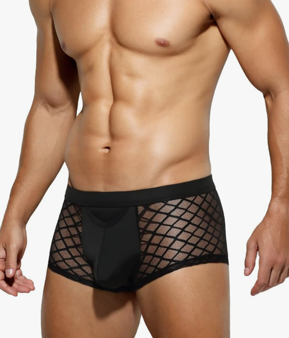 Arjen Kroos Men's Underwear Sexy Breathable Mesh Boxer Briefs Trunks with Open Fly Pouch, L
