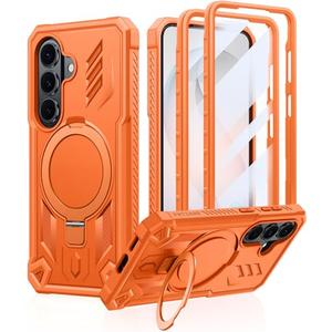 FNTCASE for Samsung Galaxy S26 Case: Magnetic Phone Cases with [Ring Kickstand] [2 Front Frames] [Built-in Screen Protector] [Heavy Duty Military Grade Protection] Drop Proof Rugged Cover Orange