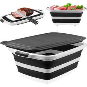 BBQ Prep Tub with Lid and Cutting Board, Collapsible Barbecue Tool Set for Marinating, Meal Prep, Food Storage, Grilling, Camping and Outdoor Cooking, Dishwasher Safe, Black XX-Large