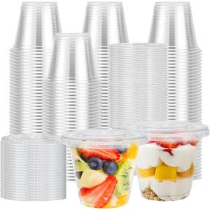 Lamosi 300 Pack 9 oz Clear Plastic Cups with Lids, Disposable Cups with No Hole Flat Lids, Ideal for Ice Cream, Cold Drinks, Fruit, Dessert, Yogurt Parfait