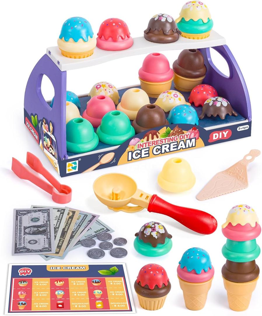 GKKBSJ Ice Cream Toy Play Set for Kids, Toddler Ice Cream Counter Shop (39 Pcs) - Best Birthday Christmas Easter Toys Gift for 3 4 5 6 Year Old Girl Boy, Pretend Play Grocery Store Food Accessories