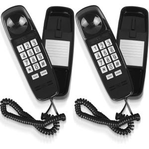 2 Pcs Wall Landline Phone Corded Home Phone with Large Button Loud Volume Visual Ringer Mini Telephone for Bathroom Kitchen Office Hotel, Black