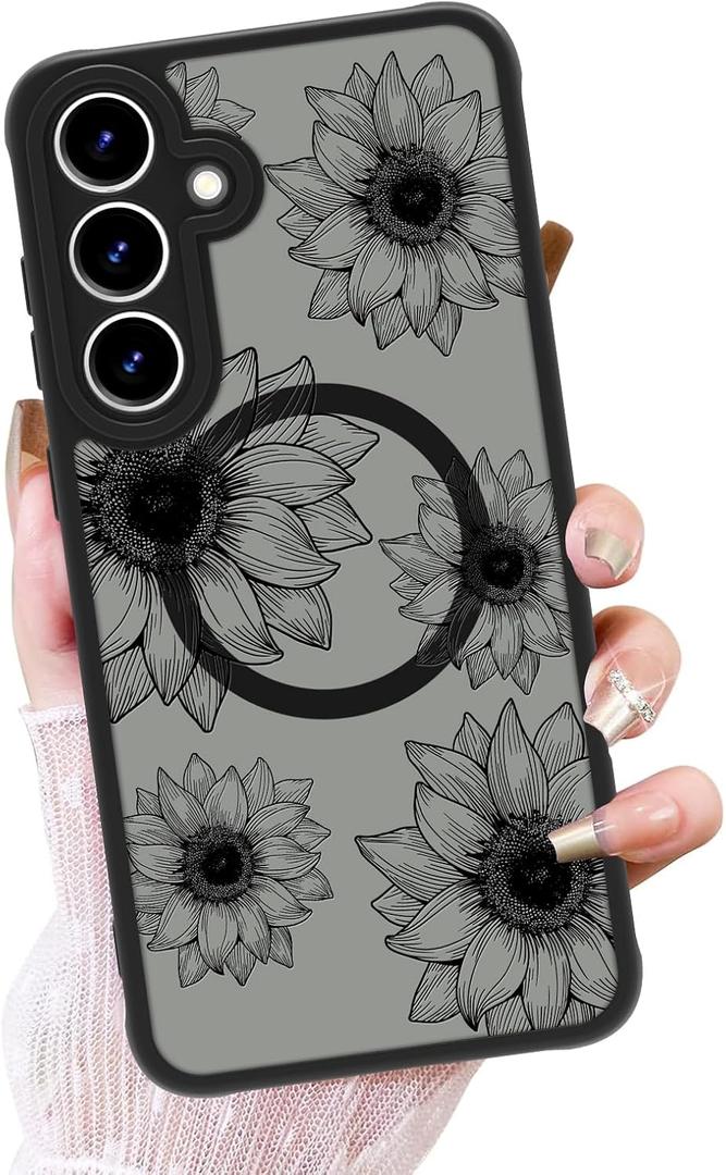 OOK Phone Case Design for Samsung Galaxy S25 Case [Compatible with MagSafe], Cute Sunflower Floral Blooms Design Black Frosted Shockproof for Women Girls Magnetic Phone Cover - Black Flower