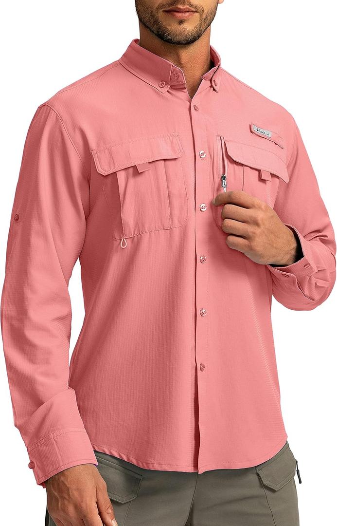 Pudolla Men's Sun Protection Fishing Shirts Long Sleeve Travel Work Shirts for Men UPF 50+ Button Down Summer Shirts with Zipper Pockets XL