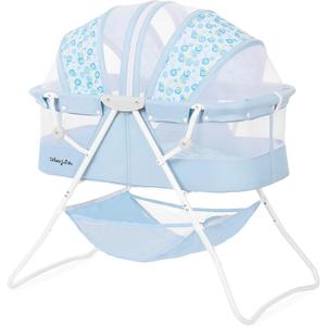Dream On Me Karley Bassinet in Light Blue, Lightweight Portable Baby Bassinet, Quick Fold and Easy to Carry, Adjustable Double Canopy, Indoor and Outdoor Bassinet with Large Storage Basket.