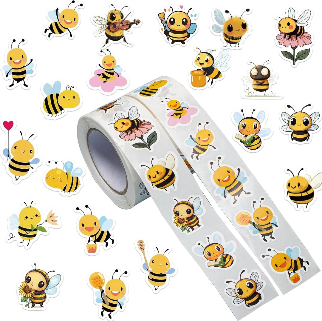 1000Pcs Bee Stickers Roll, 2 Rolls 20 Styles Self-Adhesive Stickers for Kids - Waterproof for Classroom Rewards, Birthday Party Favors, Scrapbooking & Water Bottle Decals (Bumble Bee Theme)