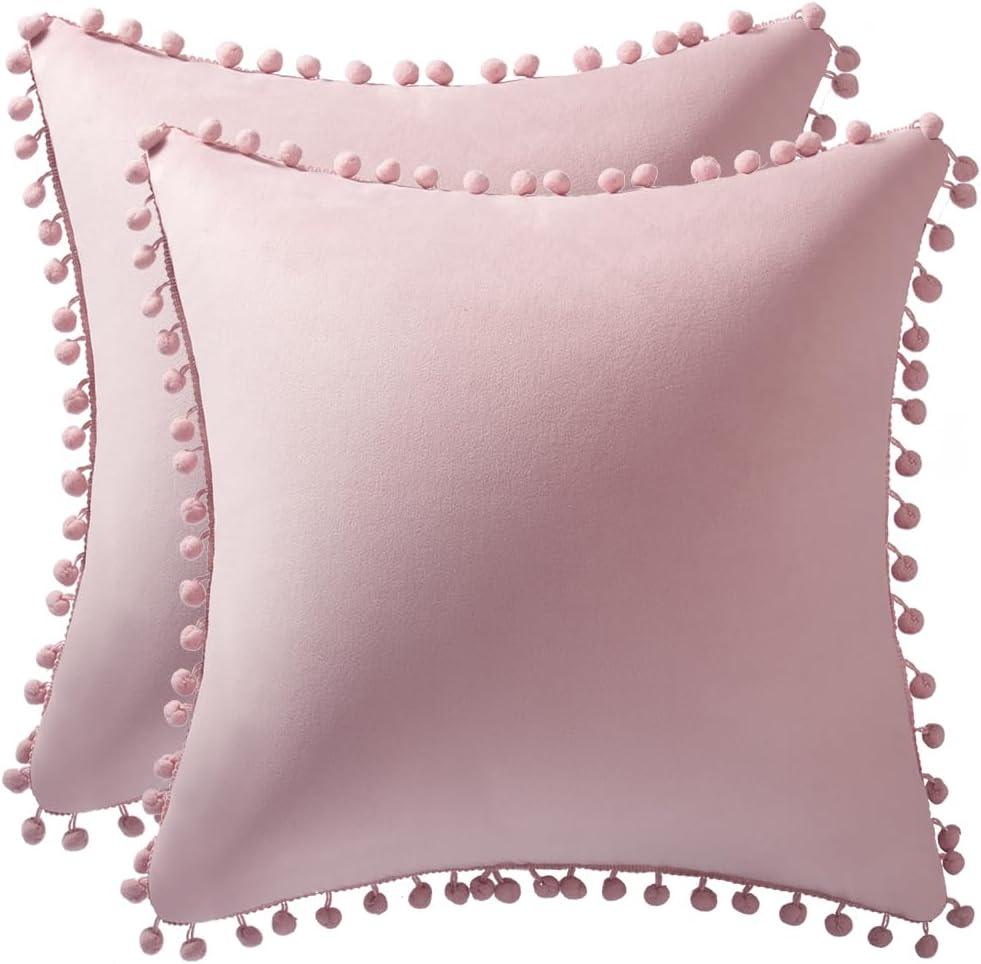 DEZENE 20x20 Throw Pillow Covers Pink: 2 Pack Cozy Soft Pom-poms Velvet Square Decorative Pillow Cases for Farmhouse Home Decor