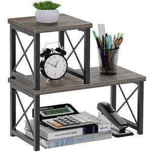 Honiter Desk Shelf for Top of Desk, Wood Desktop Shelf, 2 Tier Adjustable Bookshelf Organizer, Freestanding Stackable Desk Stand Storage Organizers Kitchen Counter Display Rack