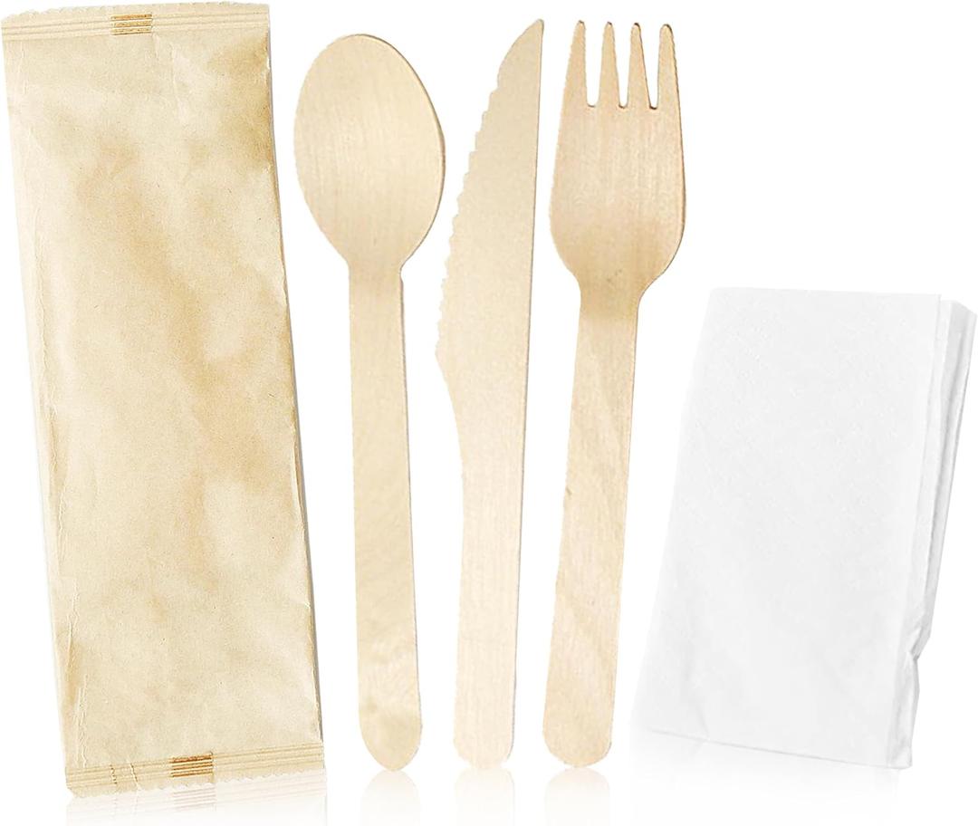 Bulk Heavy Weight 200pcs - 50 Sets - Cutlery Individually Wrapped Natural Wooden Cutlery Knife, Spoon, Fork Pack and Napkin - Extra Strong & Extra Resistant/Eco-friendly