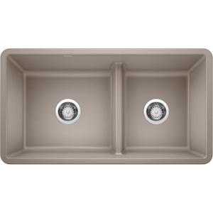 BLANCO Precis Reversible 1-3/4 Double Bowl Kitchen Sink with Low Divide, Truffle