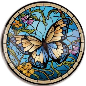 LMSDYSHU Butterflies and Mosaic patterns,Tempered Glass Wall Art,unframed，Easy to clean,18"（45.72cm） Diameter (blue)