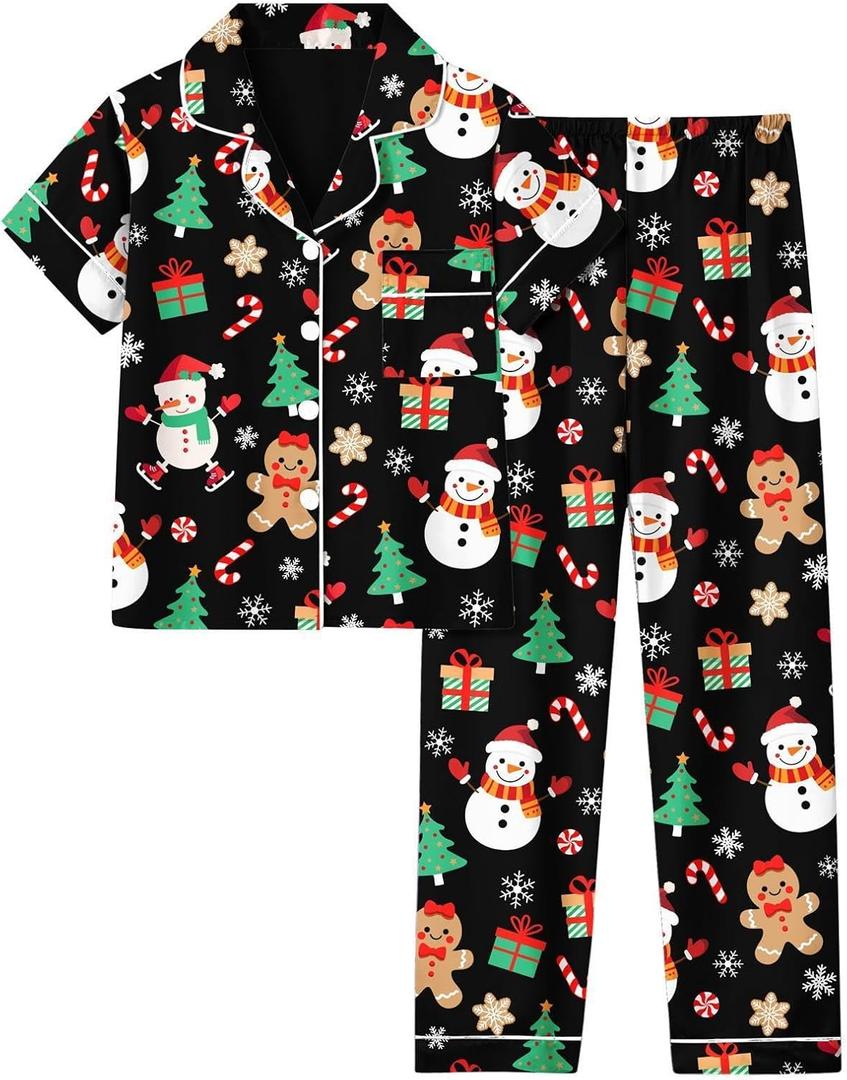 TUONROAD Girl's Christmas Pajamas Set & Casual Lapel 2pcs Button Sleepwear Size 12-14 (Black)