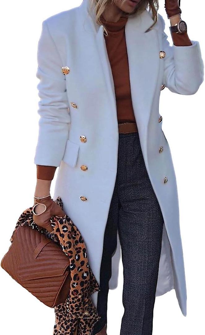 IDEALSANXUN Wool Coats for Women Fall Winter Dress Peacoat Long Trench Coat Double Breasted Blazer Jackets Overcoat (White), XL