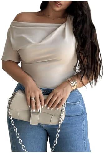 RoseSeek Women's Plus Size Draped Off Shoulder Tee Tops Short Sleeve Slim Fit Knot Asymmetrical T Shirt 2XL RoseSeek Women's Plus Size Draped Off Shoulder Tee Tops Short Sleeve Slim Fit Knot Asymmetrical T Shirt 2XL