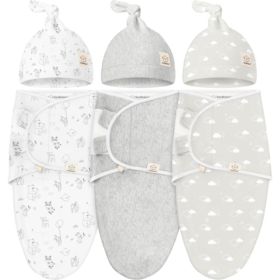 KeaBabies 3-Pack Swaddles for Newborns, Girls, Boys with Hats - Organic Soft Baby Sleep Sacks, Breathable Baby Swaddle 3-6 Months Beanies Set, Premie Infant Sleep Sack 0-3 Months (Aspire) (One Size)