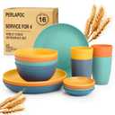 Wheat Straw Dinnerware Sets, Unbreakable Plates and Bowls Sets of 16, Kids Dinnerware Set Sevice for 4, Dishwasher & Microwave Safe Dish Set for Kitchen, Outdoor, Camping - Multi