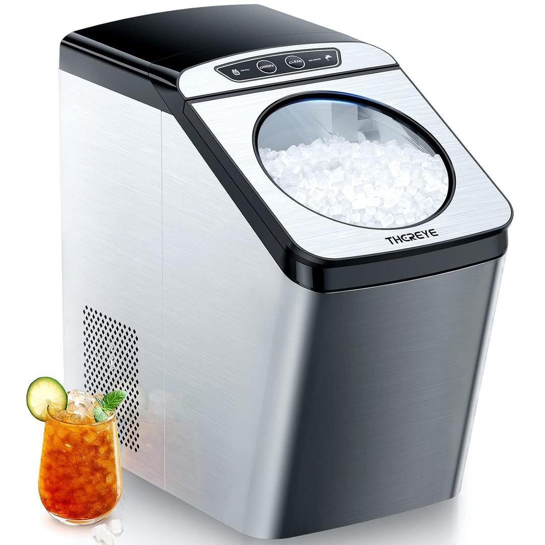 Thereye Countertop Nugget Ice Maker, Pebble Machine, 30lbs Per Day, 2 Ways Refill, 3Qt Water Reservoir & Self-Cleaning, Stainless Steel Finish for Home Office Party