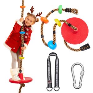 DECOR LIFE Tree Swing for Kids, Adjustable Rope Disc Swings for Outside with Platform Carabiners and Strap Outdoor, Playground Accessories, Red