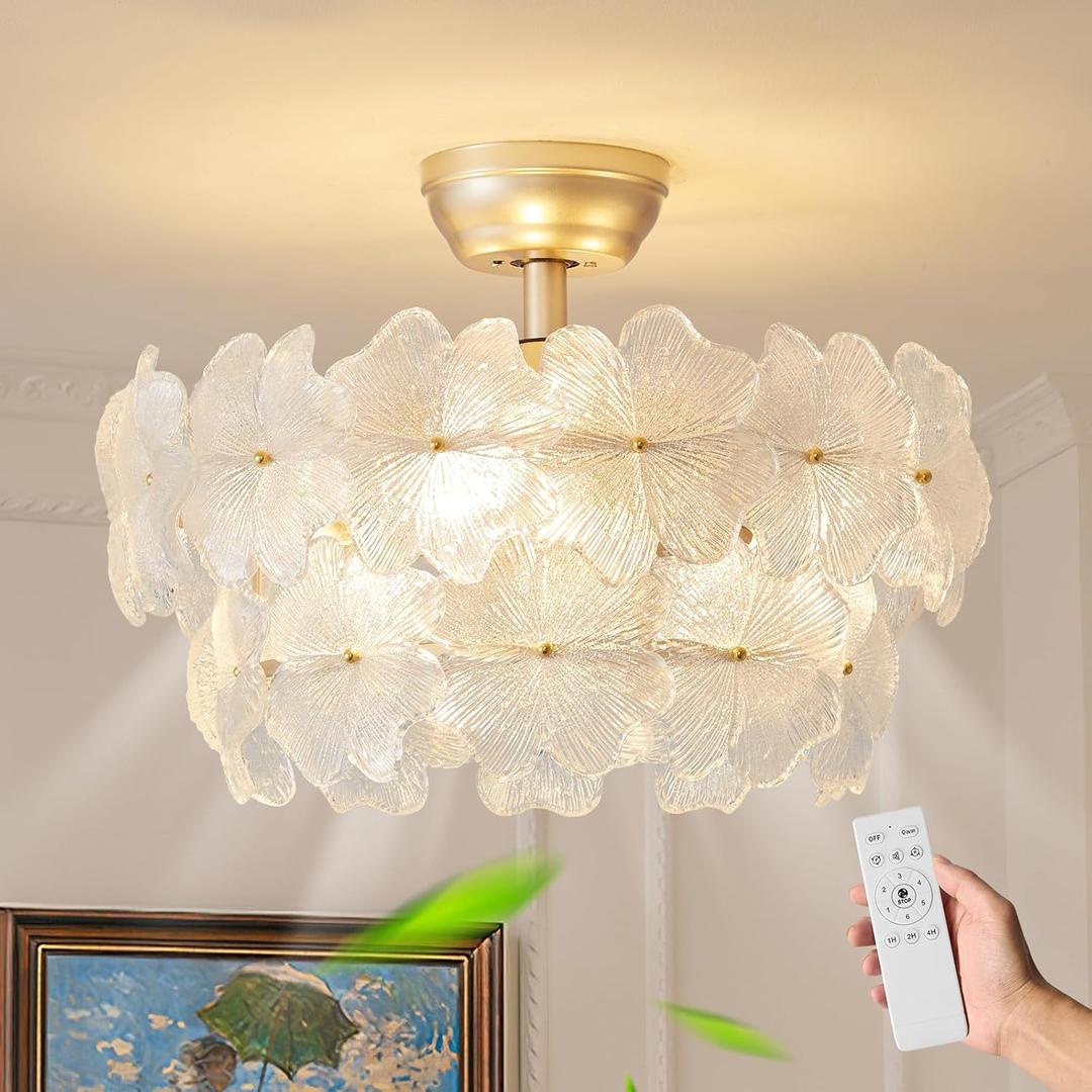 Fandelier Ceiling Fan with Light 20 Gold Flower Chandelier Ceiling Fan with Lihgts Remote Control Modern Crystal for Girl's Bedroom,Nursery,Living Room