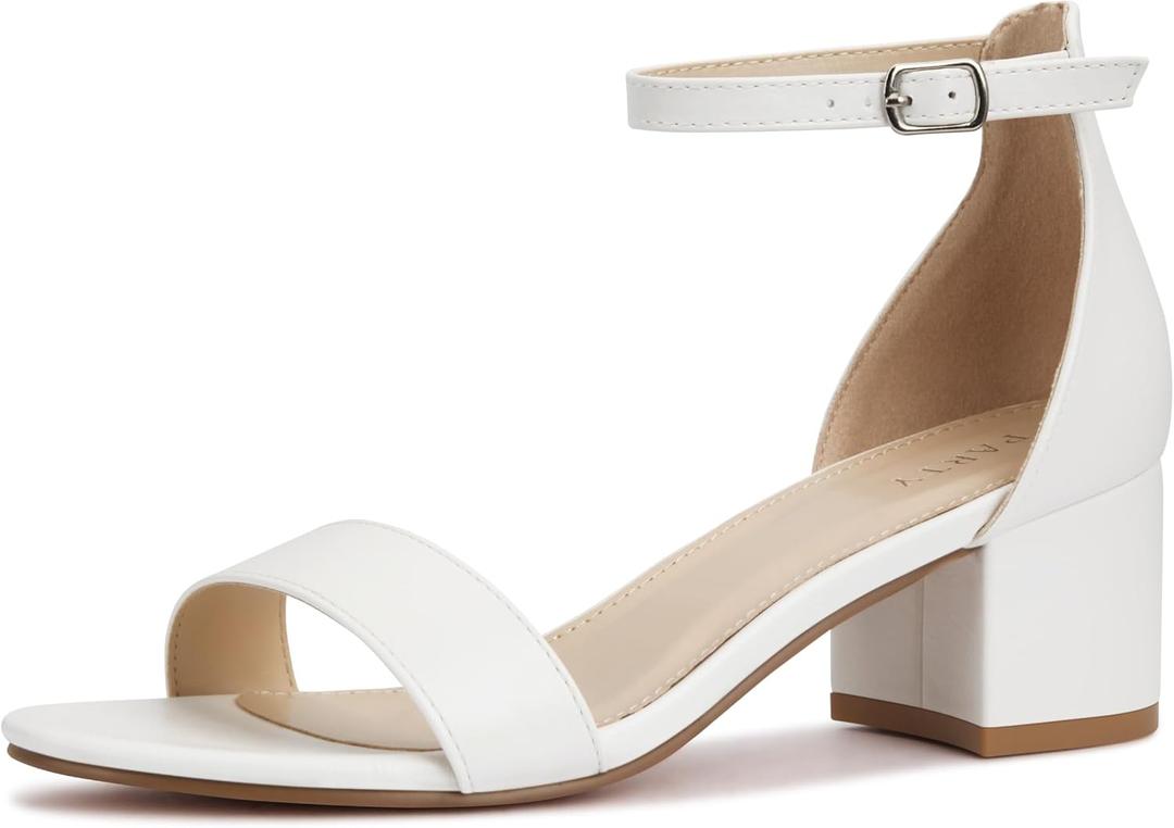 PARTY Women's Open Toe Ankle Strap Low Block Chunky Heels Sandals, White Pu B, 11