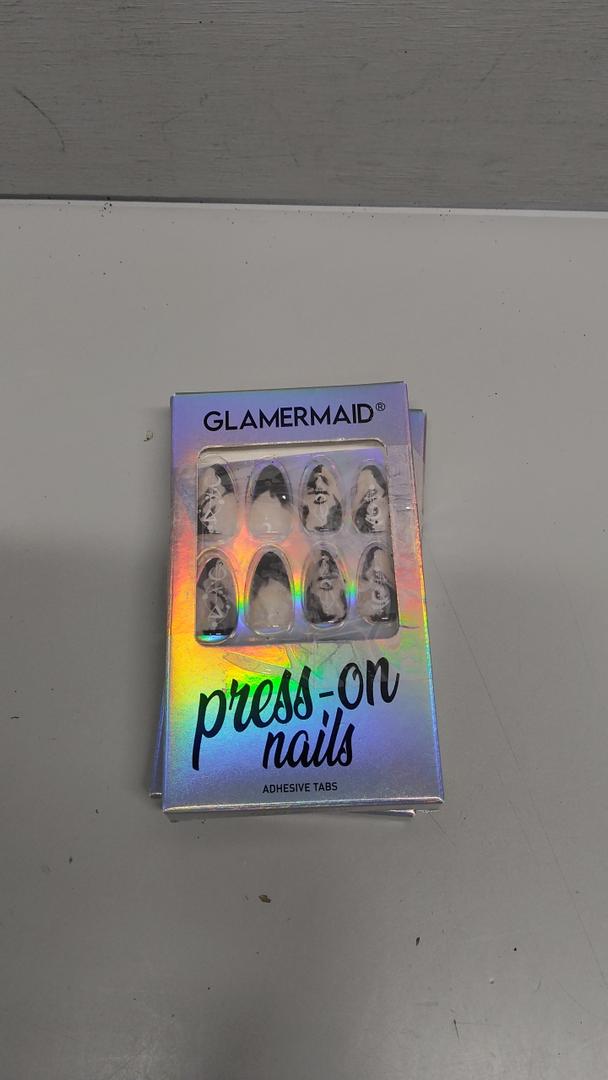 GLAMERMAID Press on Nails Medium Almond,Halloween Marble Black False Nails with Ombre Design,Gel Glue on Nails Reusable UV Full Cover Manicure Set for Women, Set of 2