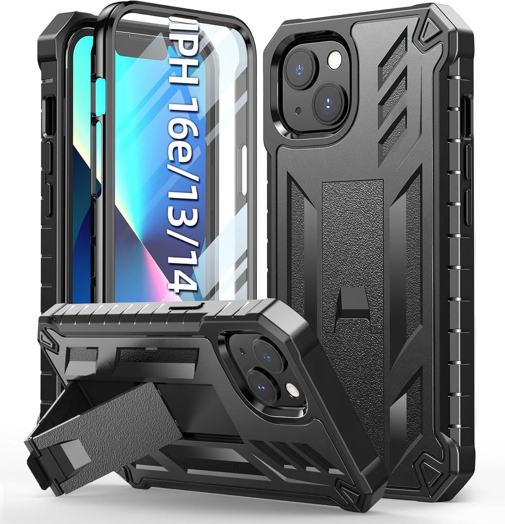 Case for iPhone 13, iPhone 14, iPhone 16e Protective Cover Black | Heavy Duty, Military Grade, Hard Protection, Shock Proof, Grip, Durable, Dual-Layer Design, Built-in Kickstand
