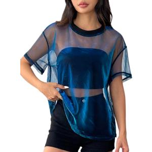 OYOANGLE Women's See Through Top Metallic Mesh Sheer Short Sleeve Rave T-Shirt (Large, Blue)