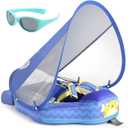 Mambobaby Float with Canopy and Tail New Upgraded Non-Inflatable Baby Pool Float Mambo Float Swim Trainer Solid Infant Swim Float Adjustable Pearl Foam Baby Swim Ring (Deluxe Globefish Blue)