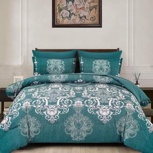 Mybedsoul King Size comforter set, 7 Pieces Boho Bed in a Bag for King Bed, Turquoise Damask Comforter Set with Sheet, Pillowcases & Shams, Soft Microfiber Lightweight Bedding Set All Season(90"x104")
