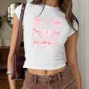 Crop Tops for Women Casual Short Sleeve Shirts Trendy Y2k Cute Bow Print Shirts Slim Fitted Spring Clothes for Women (White, XXL)