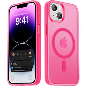 2 x LATVIN for iPhone 14 Case & iPhone 13 Case, Magnetic Phone Cover, Compatible with MagSafe, Military Grade Protection, Translucent Matte Frosted Back, Hot Pink