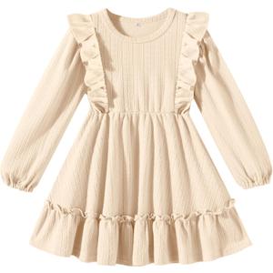 Kionio Toddler Baby Girl Dress Girls Sweater Dresses Ruffle Ribbed Knit Long Sleeve Swing Fall Winter Clothes Christmas (18-24 Months, A Line Light Apricot)