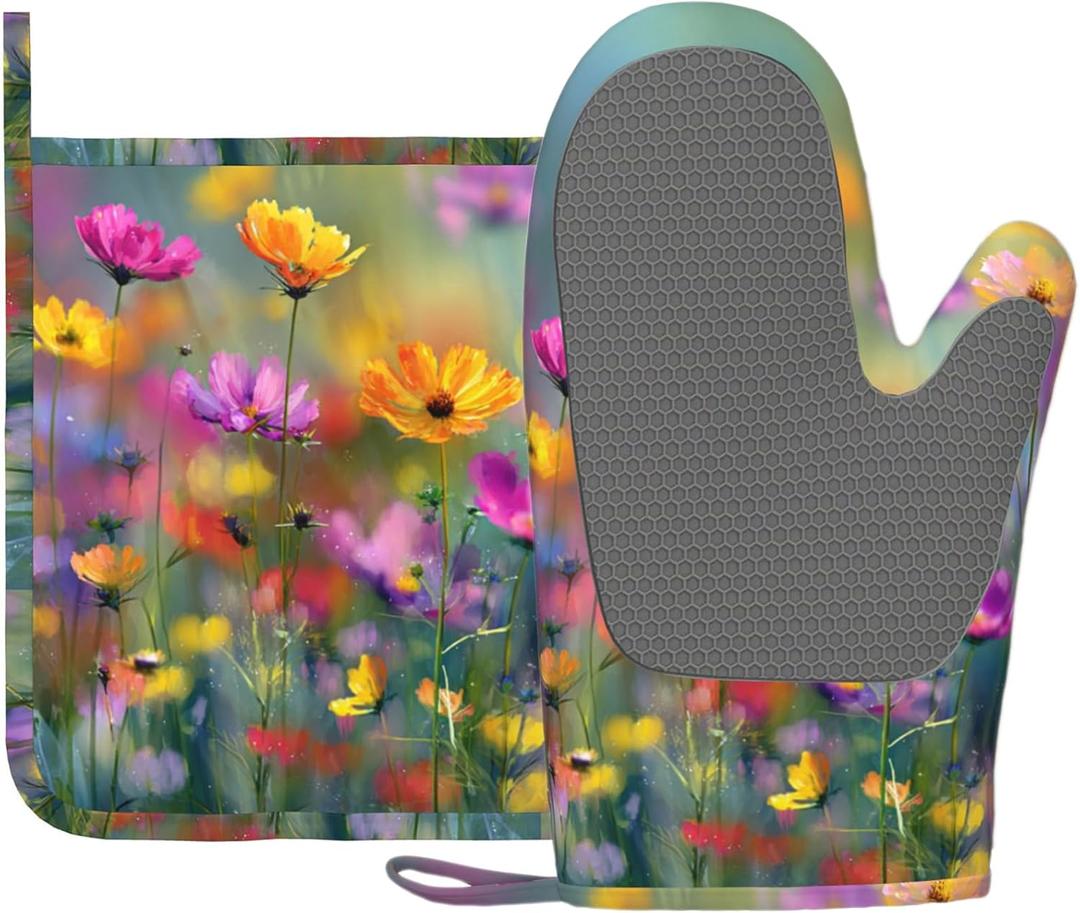 Retro Colorful Flowers Oven Mitts and Pot Holders Sets Boho Floral Non-Slip Silicone Surface for BBQ Gloves,Kitchen,Cooking,Baking,Grilling