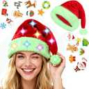 HAOSJINY Light up Santa Hat, Led Christmas Hat With 20 Diy Holiday Stickers, Santa Hats Adult With Colorful Led Strip Light, For Xmas New Year Christmas Party（Upgraded Green Adult）