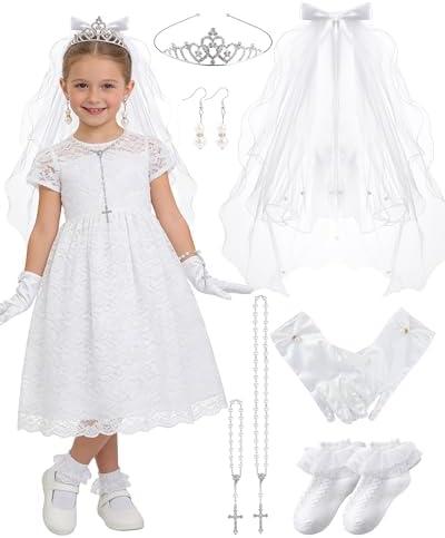PartyforU First Communion Accessories Set - White Veil Costume Kit for First Communion Dress Up Wedding Bridal Shower, Pack of 2