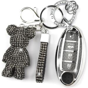 Cute Key Fob Cover with Rhinestone Bear Charm, Bling TPU Smart Key Case for Women, Compatible with Nissan Altima Murano Juke Sentra Rogue Pathfinder Titan Maxima Kicks (4-Button, Black)