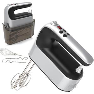 9-Speed Digital Hand Mixer Electric, 400W Powerful DC Motor Low Noise, Baking Mixer Handheld with Snap-On Storage Case, 5x Stainless Steel Accessories, Flat Beaters, Dough Hooks, Whisk (Silvery Black)