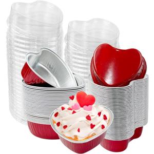 50Pcs Mini Heart Shaped Cake Pans with Lids,100 ml 3.4 oz Disposable Valentine Cupcake Cup Mini Aluminum Foil Baking Cups Ramekins Muffin Cupcake Liners for Wedding Birthday Party,Red