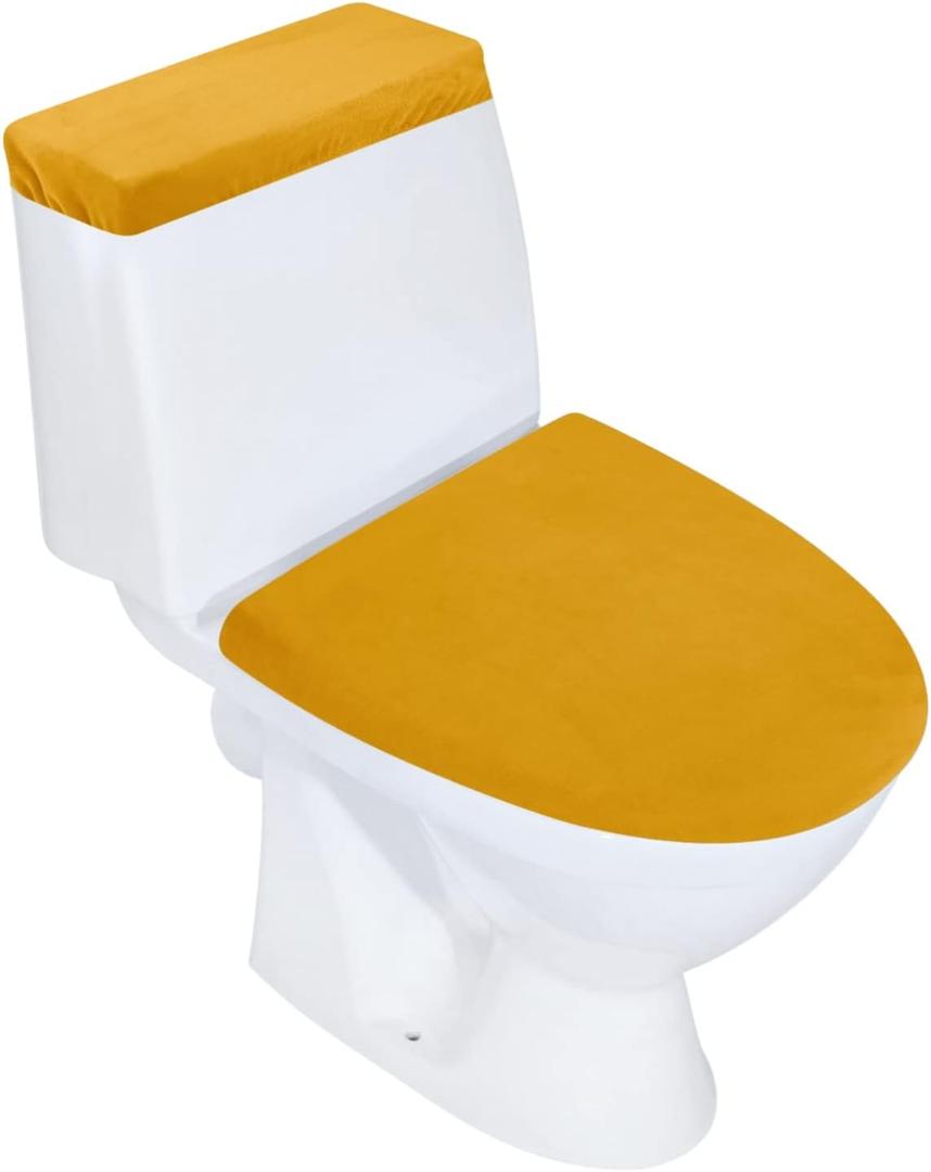 Stretch Velvet Toilet Lid Cover and Toilet Tank Lid Cover, Bathroom Super Soft Toilet Lid Cover Set Luxury Velvet Plush, with Elastic Bottom, Machine Wash, Gold