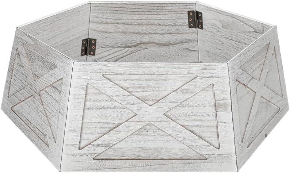 [2025 New] Natural Wood Christmas Tree Collar Stand for Real Trees up to 7.5ft, Durable Tree Base Cover with Easy Installation, Home Holiday Christmas Decoration (Washer White, D-27 Inch)