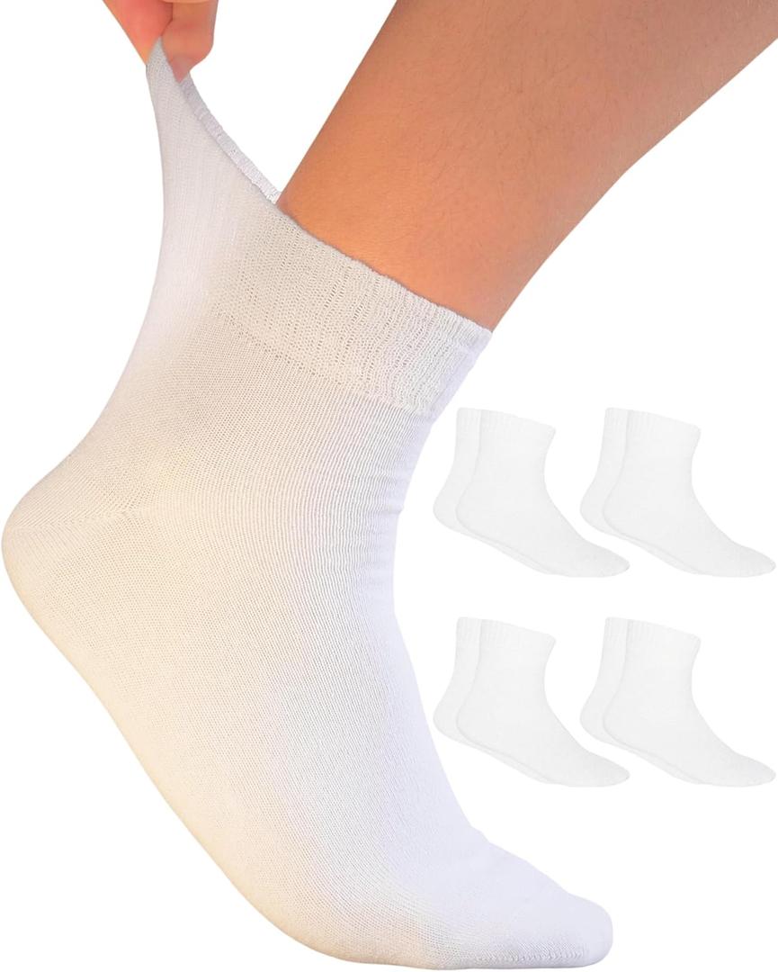Mens Diabetic Ankle Socks Size 13-15 XL, Non-Binding, Thin, Cotton, 4 Pairs White Loose Fit Socks Men Ankle