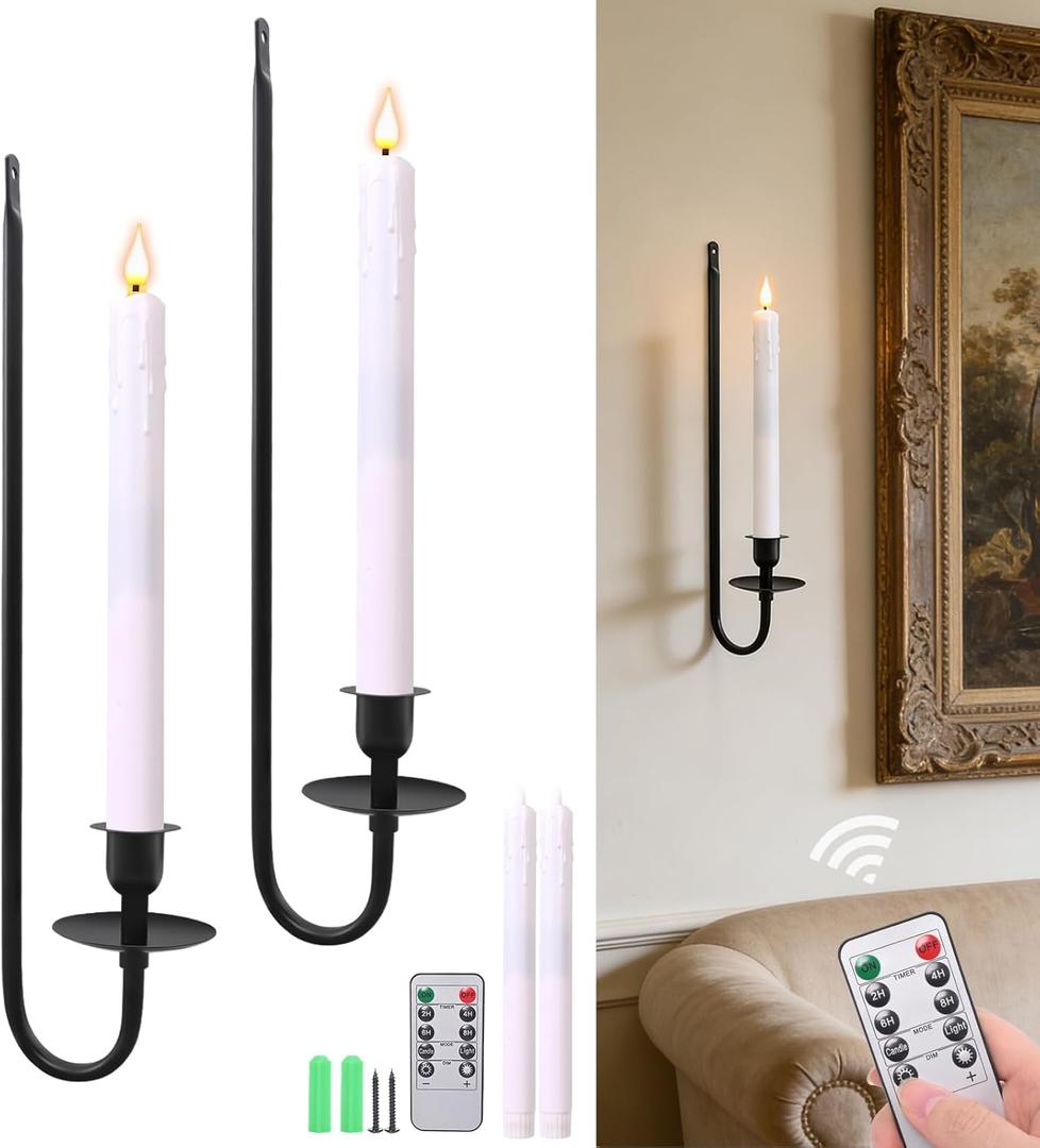 Yollzey Candle Wall Sconces Set of 2, Flameless Candles Black Wall Candle Holders with Remote Control, Battery Operated Home Decor for Living Room, Fireplace, Dining Room, Entryway, Stair Corner