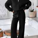 Aleumdr Women's 2 Piece Outfits Oversized Fleece Sweat suit Zip Up Long Sleeve Sweatshirt with Wide Leg Sweatpants (Medium, Black)